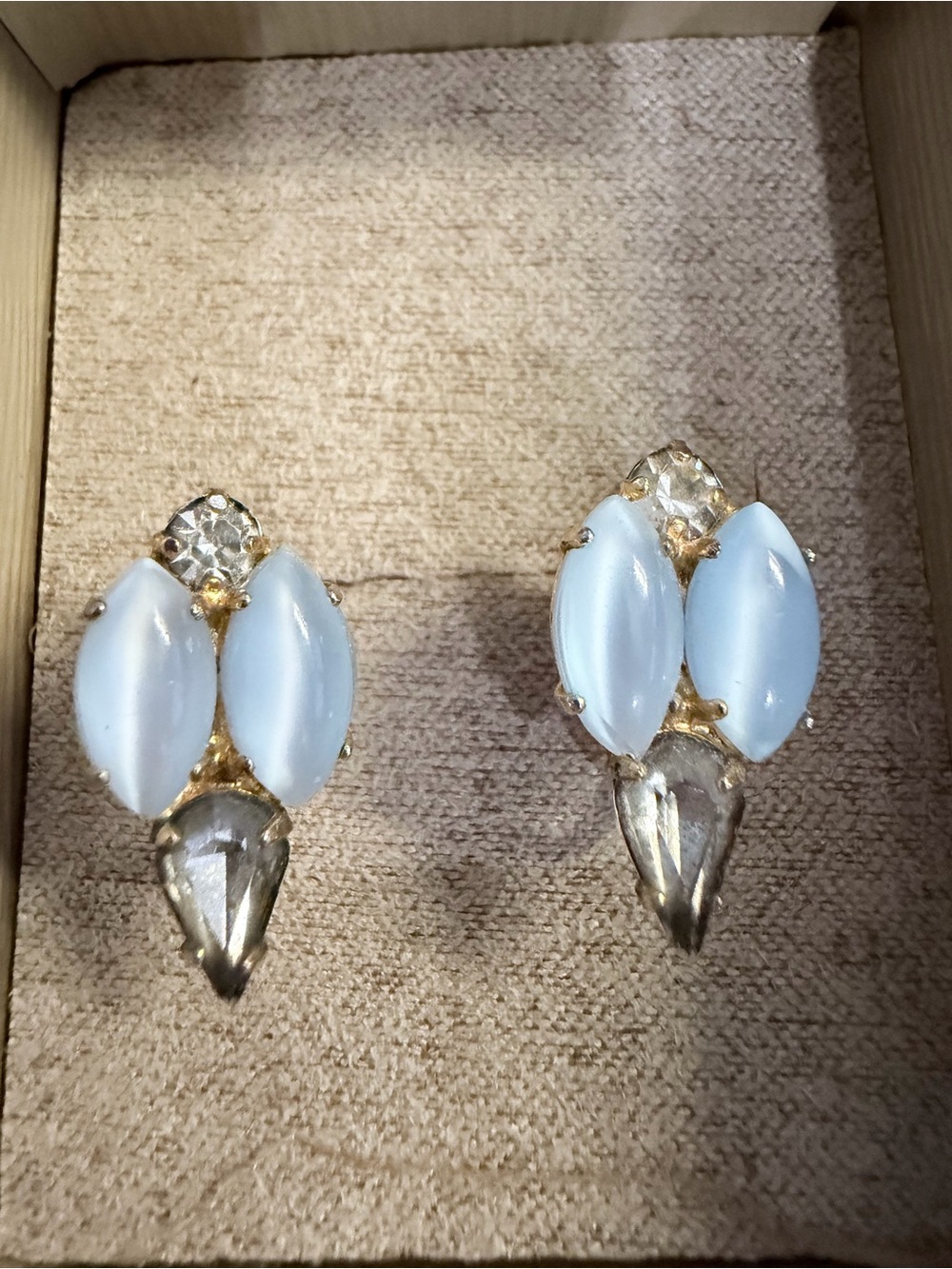 Moonstone & Rhinestone Cabachon post Earrings - Gold Tone